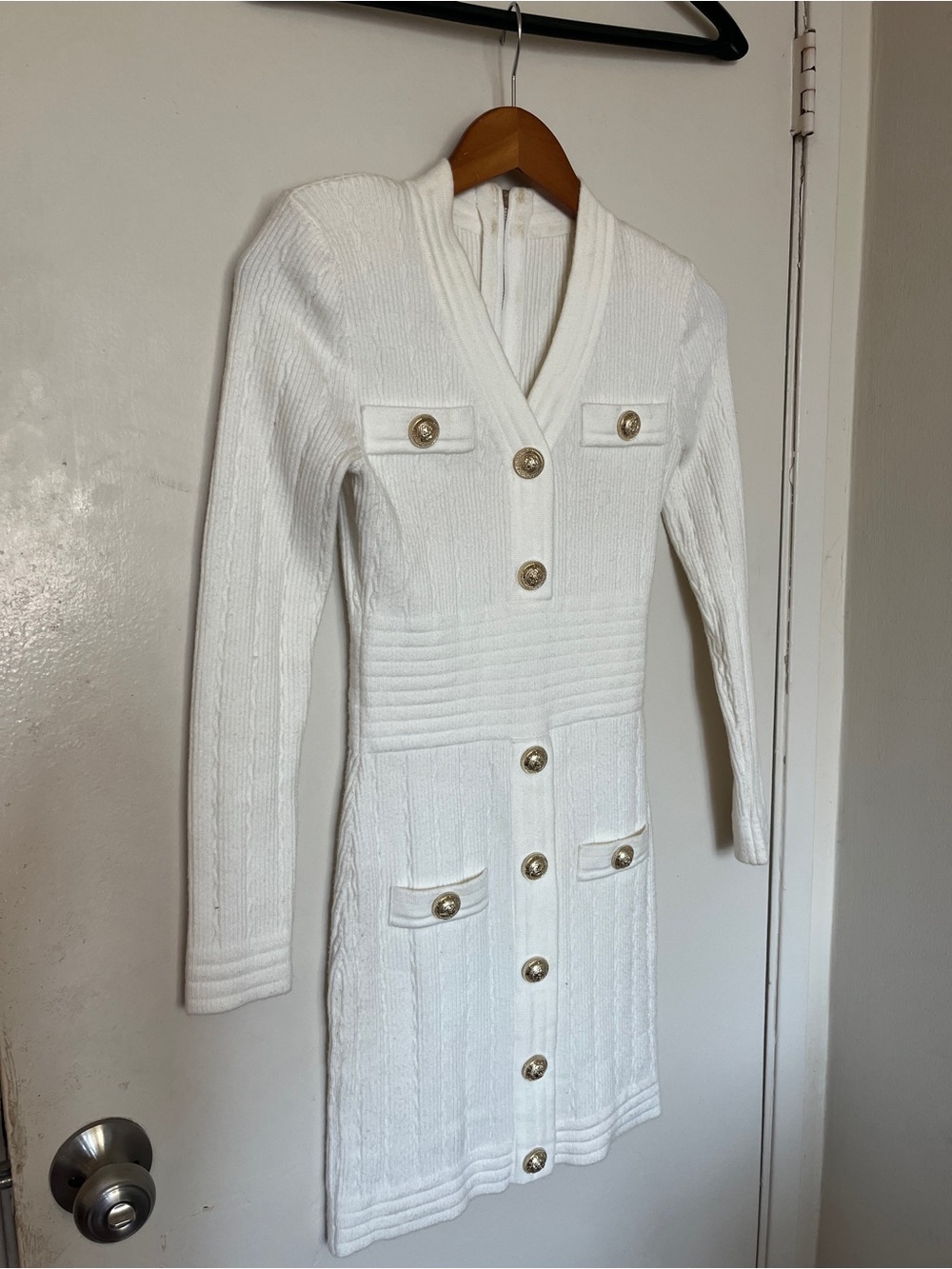 White Long Sleeve Button Front Knit Dress